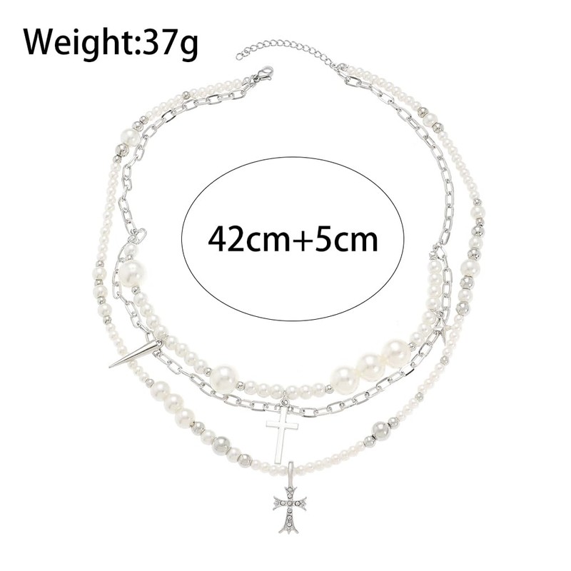 Layered Small Cross Pendant Pearl Necklace Set,Gothic Layering Silver Dainty