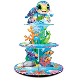 HAPPARTY Sea Turtle 3-Tier Cupcake Stand 1PCS, Ocean Animal Under The Sea Turtle Birthday Baby Shower Graduation Party Decoration Supplies