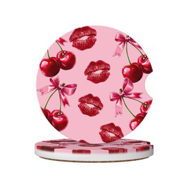 ABLESKY Car Coasters for Cup Holders, 2 Pack Absorbent Anti Slip Car Cup Holder Coasters, 2.56 Inch Ceramic Universal Size Auto Interior Accessories Women Men-Cherry Pink Bow with Red Lips