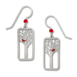 Cardinal Bird in Tree Earrings, Lightweight Metal w/Sterling Silver Ear Wires, Tree Cardinal, Metal