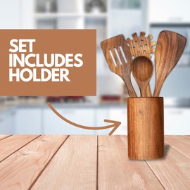 11-Pack Wooden Cooking Utensils Set – Natural Teak Spoons and Spatulas for Kitchen Use with Wooden Holder
