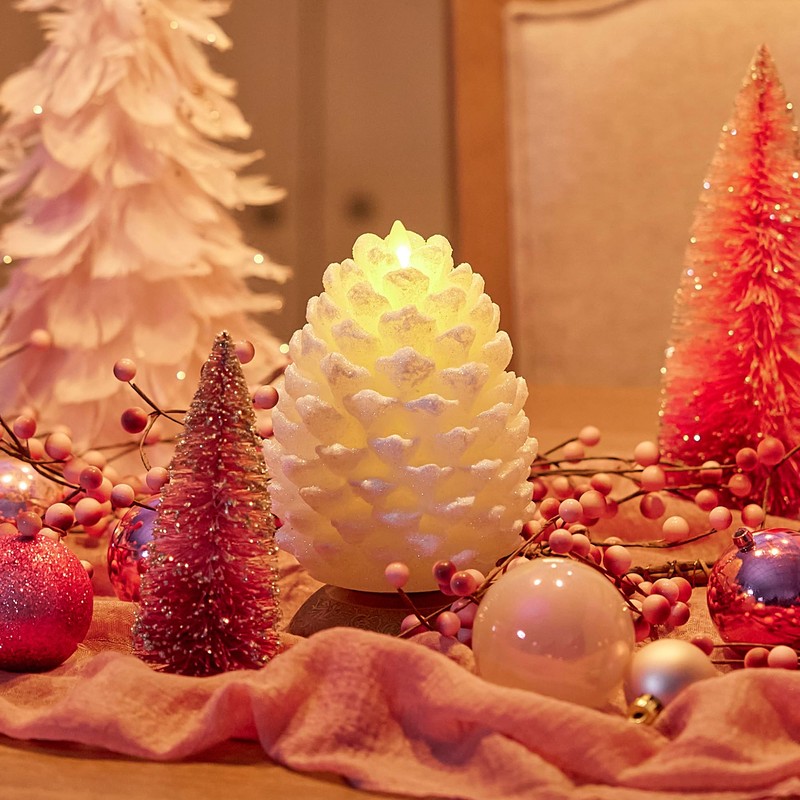 Luminara Pinecone Flameless Candle White Swan Glitter and Snow Finish