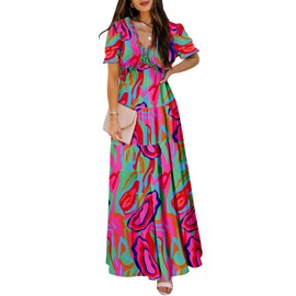 BLENCOT Women's Casual Boho Floral Printed Deep V Neck Summer Short Sleeve Long Evening Dress Ruched Cocktail Party Maxi Wedding Dress Multicolor Medium