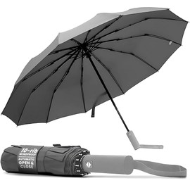 TANNESS Windproof Umbrella – 10-Rib Waterproof & Compact Umbrella with Automatic Open/Close Function and Ergonomic Handle – Folding Mini Umbrella - Strong Umbrellas for Wind and Rain (Grey)