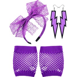 Blulu 80 Years Lace Headband Neon Earrings Fingerless Fishnet Gloves for 80 Years Party (Purple)