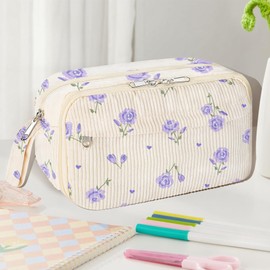 shiprabags Large Pencil Pouch for Girls,Cute Corduroy Pencil Case Pouch Aesthetic Soft Pencil Bag for School, Zippered Pencil Organizer School Supplies for Teen Girls Women Gift (purple floral)