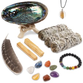 Wish Well Sage Smudge Kit - 3 White Sage Sticks, 2 Palo Santo Sticks, Abalone Shell, Stand, Smudging Feather, 7 Chakra Stones & Crystal Bracelet ~ Sage Incense Sticks for Cleansing House & Meditation