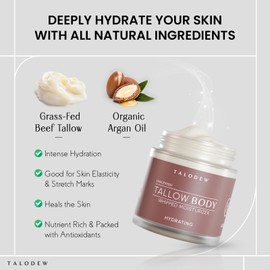 Talodew Beef Tallow Moisturizer - Whipped Hydrating Face/Body Moisturizer with Natural Grass Fed Beef Tallow, Argan Oil - Unscented Moisturizer Calms Dry Skin Conditions - All Skin Types - 4 fl. Oz