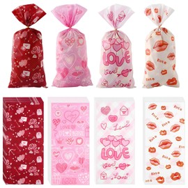 SSuirk Valentine's Day Cellophane Candy Bags,100 pcs Heart Cello Treat Goodie Bags with Twisted Ties for Valentine's Day Gift Exchange Party Favor Supply