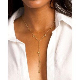 KissYan Gold Lariat Necklace for Women, Dainty 14K Gold Plated Y Shaped Beaded Necklaces Adjustable Long Chain Trendy Jewelry Gifts(02)