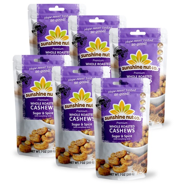 Whole Roasted Lightly Salted Cashews by Sunshine Nut Co., Gluten Free, Peanut Free and Vegan Individual Snack Packs for Kids and Adults, Sugar and Spice Flavor, GMO Free, 6 Pack, 7 oz. Each