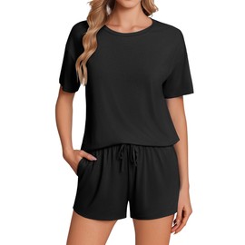 Ekouaer Pajama Set for Women Viscose from Bamboo Short Sleeve Tops and Shorts Set 2 Piece Lounge Set Black