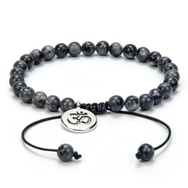 Adjustable Om Wish Bracelet Meditation Mala Prayer Beads Yoga Om Jewelry Braided with Natural Stone Mala Beads (Grey Labradorite)