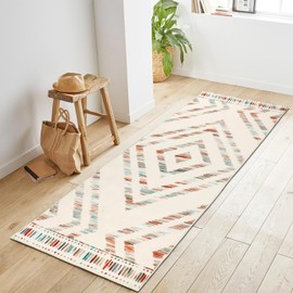 Geanlod Boho Hallway Runner Rugs 2x6ft Non Slip, Beige Modern Washable Kitchen Bedroom Rug Runners, Soft Low Pile Geometric Floor Throw Carpet for Entrance Laundry Bathroom Office