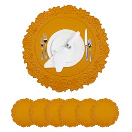 Canglifull European Embossed Waterproof Faux Leather Round Placemats Set of 6, Wipeable and Washable, Suitable for Dining Tables, Home Kitchen Decoration (Orange)
