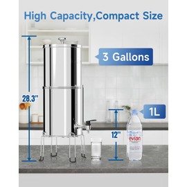 Gravity-Fed Water Filter System, 3-Gallon Stainless Steel System with 3 Carbon Filters and 3 Fluoride Filters, Metal Water Level Spigot, Reduces Chlorine, Gravity Tank Series.