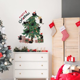 TOARTi Christmas Black Cat Sticker Merry Christmas Wall Decals Black Cat Christmas Trees Decal Xmas Holiday Decoration for Cat Lovers Gifts Christmas Party Supplies
