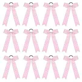 DEEKA 12 PCS Glitter Collegiate Style Cheer Bows Long Tail Skinny Shiny Cheer Bow Ponytail Holder Handmade Bows for Girls Teens Cheerleader Sports -Light Pink