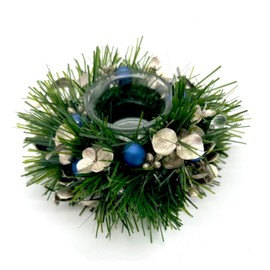 Navy Blue and Gold Christmas, Holiday Hanukkah Candle Holders and Dining table Decorations with Pine needles, on a glass base - Set of 2