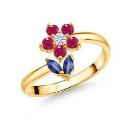 Gem Stone King 18K Yellow Gold Plated Silver Blue Sapphire Red Ruby and White Moissanite Flower Open Ring For Women (0.56 Cttw, Gemstone September Birthstone, Available In Size 5, 6, 7, 8, 9)