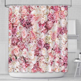 AIBIIN 180x180cm Pink Flowers Wall Shower Curtain Sweet Wedding Floral Girl Ladies Bathroom Bathtubs Decor Durable Waterproof Fabric Bathtub Sets with 12 Hooks