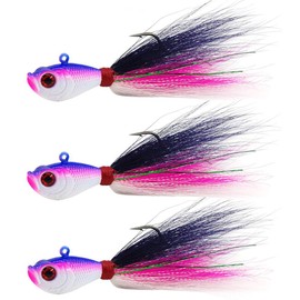 3pcs Bucktail Jigs Saltwater Fishing Lures Hair Jigs Saltwater Freshwater Baits Surf Fishing for Bass Striper Bluefish Flounder Halibut Redfish Walley 1/4oz, 1/2oz, 1oz, 1-1/2oz, 2oz (P/B/W 1-1/2oz)