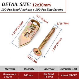 YZTONGPAO Upgraded Zinc Plated Steel Self-Drilling Anchors Kit, 100 Pcs Metal Self-Drilling Anchors and 100 Pcs Zinc Screws, Easy Application No Drill or Holes in Wall (200 Pcs)
