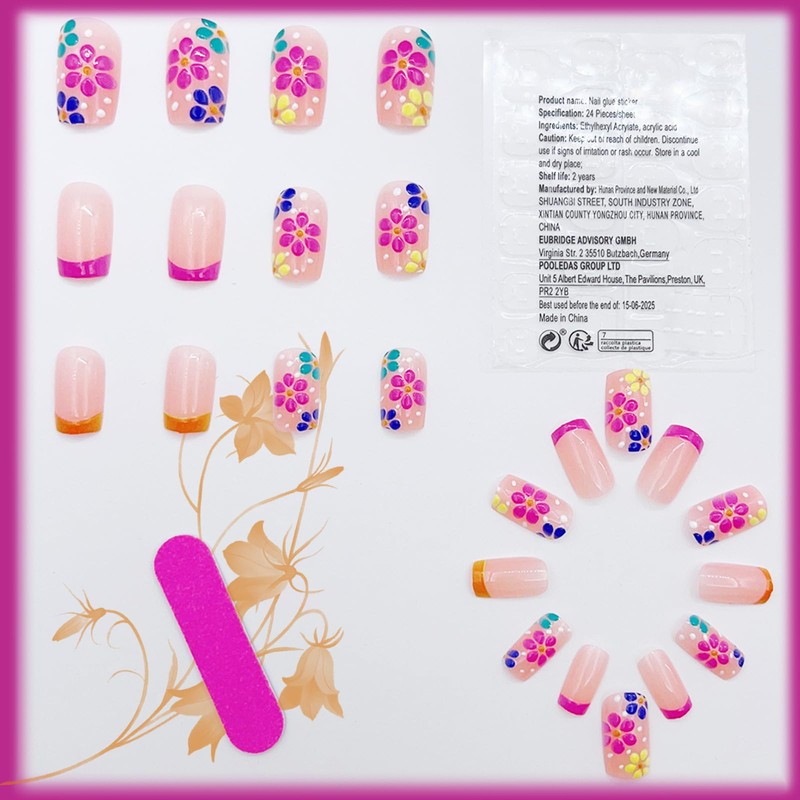 French Tips Short Square Press on Nails with Flower Stereoscopic