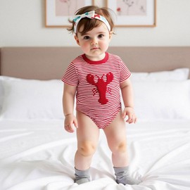 Mobbdow Infant Baby Girl Crawfish Outfit Lobster Embroidered Stripe Short Sleeve Bubble Romper Bodysuit Cute Summer Clothes (Big Crawfish, 3-6 Months)