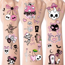 Bad 2 Skull Bone Temporary Tattoos - 300+ Bad 2 Skull Bone Party Decorations Girl Cute Pink Black Skull Tattoo Stickers for Girls Kid 2nd Birthday Party Favors Supplies Born to Rock Music Themed Decor