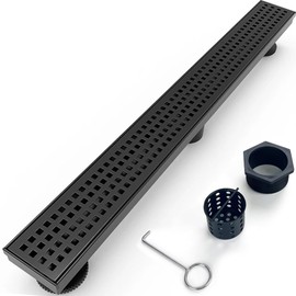 36 Inch Removable Cover Linear Shower Drain 304 Stainless Steel Rectangular Floor Drain for Kitchen Bathroom Square Hole Drain with Accessories Hair Strainer Adjustable Leveling Feet (Matte Black)