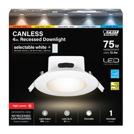 Feit Electric 4" LED Canless Recessed Downlight with Integrated J-Box, High Output, 75W Equivalent, Dimmable, 5CCT Selectable White, 90 CRI, 850 Lumens, 45 Years Lifetime, 4 Pack, LEDR4HOJBX/6WYCA/4