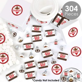 Big Dot of Happiness Western Hoedown - Mini Candy Bar Wrappers, Round Candy Stickers and Circle Stickers - Wild West Cowboy Party Candy Favor Sticker Kit - 304 Pieces