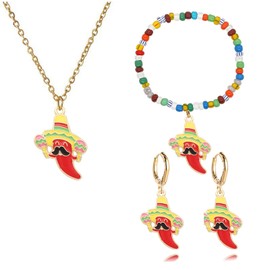 QLUYCKW Cinco De Mayo Fiesta Necklaces Earrings Bracelet Set for Lovely Mexican Sombrero Cactus Chili Earrings Women Mexican Festival Carnival Party Charm Costume Accessories (Yellow Red)