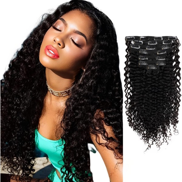 ABH AMAZINGBEAUTY HAIR 3B 3C Jerry Curly Clip in Extensions, 100% Remy Curly Human Hair Extensions For Black Woman, Natural Black 7 Pieces with 17Clips 120 Gram 20 Inch