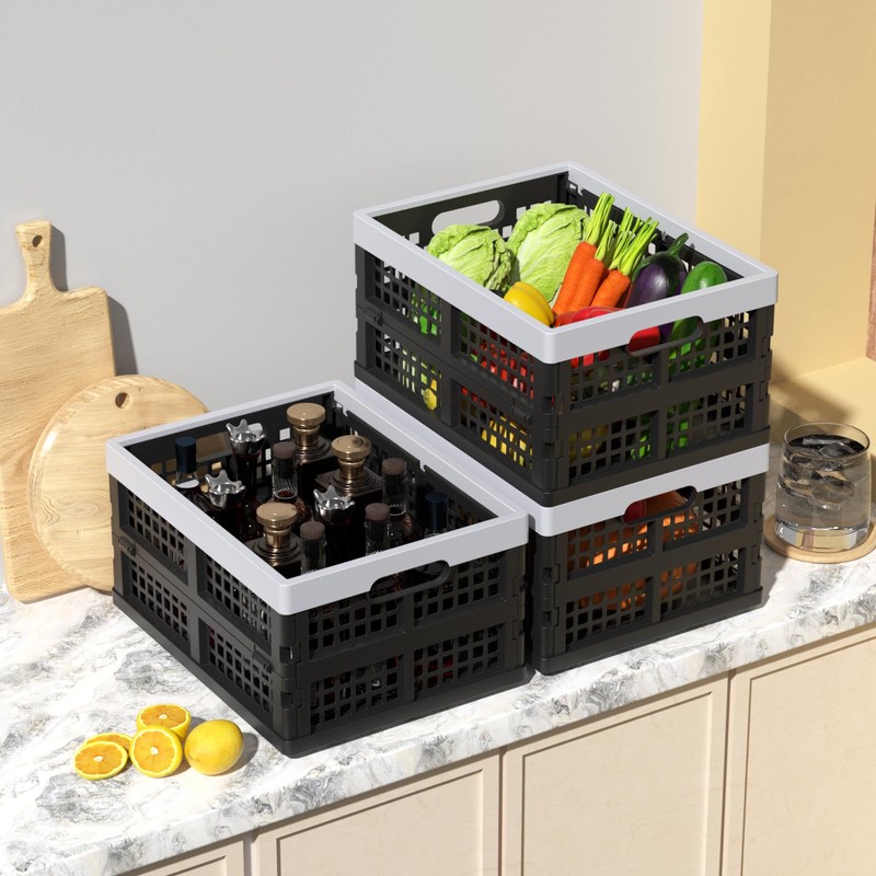 Parlynies 15 L Plastic Stackable Storage Crates, Folding Storage Basket,