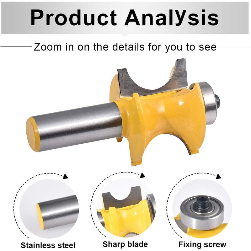 HOHXEN 1/2'' Shank Bullnose Router Bit,3/4'' Dia Half Round Blade,for