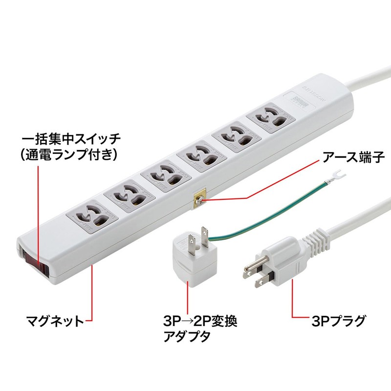 Sanwa Supply TAP-36MG-5 Power Supply Tap, 3P, 6 Outlets, 16.4