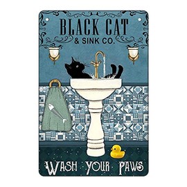 Metal Wall Decor, Garden Sign, Gift Street Sign – Wash Your Paws Funny Black Cat Vintage Metal Wall Sign for Bathroom, Café, Pub Decor 8x12