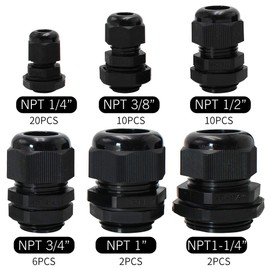 MAKERELE Cord Grip Cable Glands Kit for Electrical Box NPT Waterproof Nylon Strain Relief 1/4” 3/8” 1/2” 3/4” 1” 1-1/4” 50pcs Junction case Connector Black With Gaskets