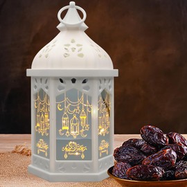 SHYMERY Ramadan Lantern, 14in Ramadan Candle Lantern, Decoration Plastic LED Eid Lights, Vintage Decorative Hanging Lantern for Home Decor, Weddings,Table,Muslim Islam Festival Decor,White