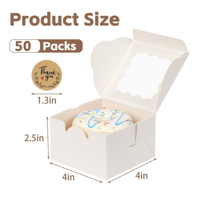 OUGEBOX 50 Pcs 4x4x2.5 Inch Bakery Boxes with Window, White