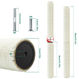 Cat Scratching Post Replacement Pole，2 PCS 15.7in Cat Tree Replacement Post，Natural Sisal Cat Tree Replacement Parts with M8 Screws，Cat Scratch Post Replacement for Refurbishment (15.7in/40cm)