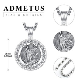 ADMETUS St Michael Compass Necklace for Men Sterling Silver Saint Michael Compass Necklace St Michael Medal St Michael The Archangel Pendant Necklace