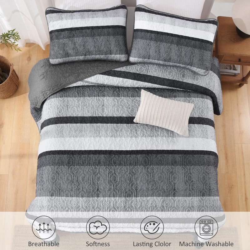 Dobuyly Grey Queen Quilt Set, Boho Bedspread Queen Size, Striped