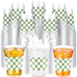 SiliFine 50 Pcs 12 oz Race Car Cups Checkered Flag Disposable Clear Buffalo Gingham Plaid Plastic Cups for Racing Party Drink Supplies Decorations Birthday Baby Shower (Green)