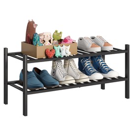 BMOSU 2-Tier Bamboo Shoe Rack Premium Stackable Shoe Shelf Storage Organizer for Hallway Closet Living Room Entryway Organizer (Black Bamboo)