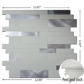 XUANINY 10-Sheet Peel and Stick Metal Backsplash Tiles, Self Adhesive Aluminum 3D Wall Sticker, Wall Panels for Kitchen Bathroom, Bedroom, Living Room(11.81"x11.81") (Grey Beige+Frosted Silver, 10)