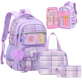 KEBEIXUAN Kids Backpack with Lunch Box - Cute Plaid Girls School Bag for Elementary & Middle School, Purple