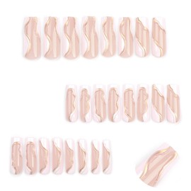 ANDGING White Square Press on Nails Long 3D Fake Nails with Gold Line Designs Full Cover Fake Nails for Wedding Acrylic Manicure stick on nail for Women Fantasy Gel False Nails 24 Pcs